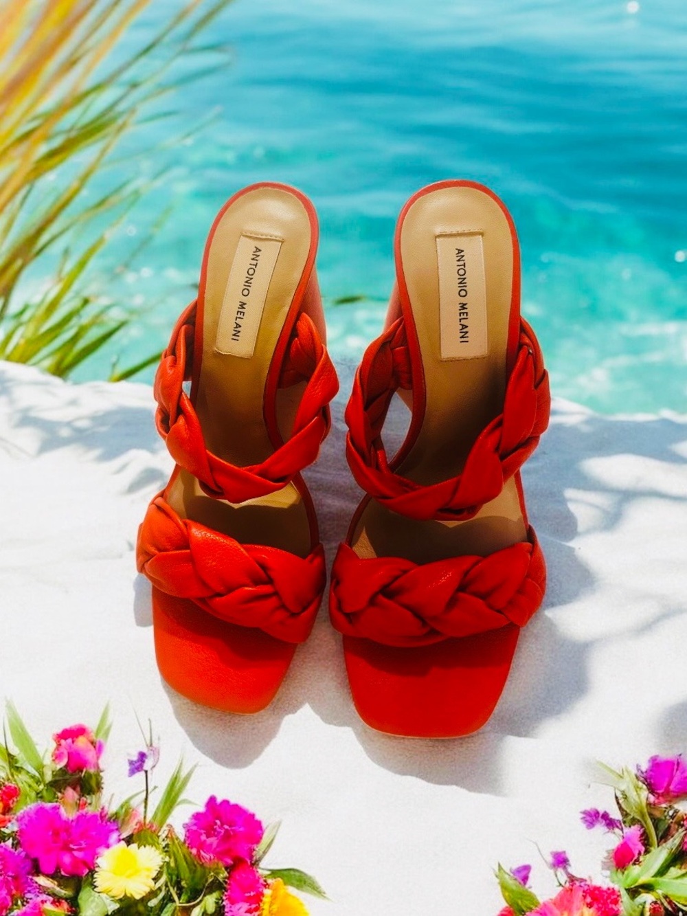 ANTONIO MELANI Bright Red Braided Slide Heels